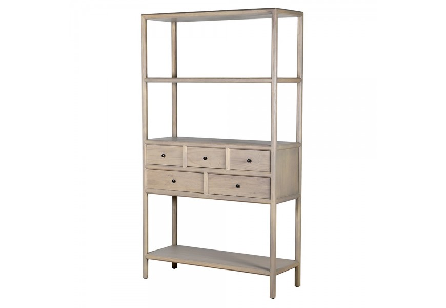 Luxusný moderný svetlý hnedý regál Angus z masívneho dreva s lineárnou konštrukciou s tromi otvorenými vysokými obdĺžnikovými policami a piatimi zásuvkami v dvoch radoch s malými okrúhlymi čiernymi kovovými úchytkami