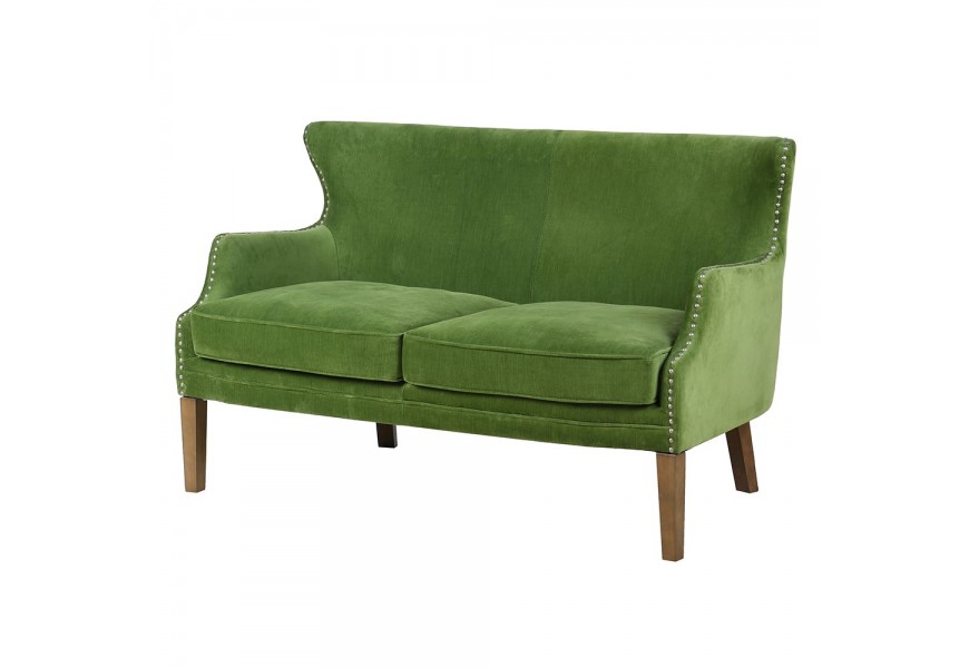 Luxusná klasická vidiecka jedálenská lavica Bronte pre dve osoby s vysokou tvarovanou chrbtovou opierkou so zamatovým poťahom v zelenej farbe s drevenými nohami v naturálnej hnedej farbe