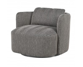 Luxusné dizajnové kreslo Alana s nízkou otočnou podstavou so zaoblenými opierkami s čalúnením a textilným poťahom s tkaním s chevronovým vzorom v čiernej a bielej farbe