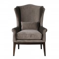 Luxusné klasické kreslo ušiak Jude so zamatovým sivým poťahom a vysokou opierkou s hnedými drevenými nohami 114 cm