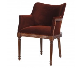 Luxusné vintage zamatové jedálenské kreslo Westend s poťahom v tehlovej hnedej farbe s vyrezávanými drevenými nožičkami a rámom v hnedom prevedení so zaoblenou chrbtovou opierkou a opierkami na ruky