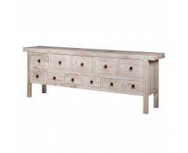 Luxusný vintage príborník Thyon s jedenástimi zásuvkami v dvoch radoch s čiernymi okrúhlymi úchytkami na dlhých hranatých nožičkách s obdĺžnikovou vrchnou doskou z masívneho recyklovaného dreva v svetlej hnedej povrchovej úprave so starožitným efektom vymytého krémového náteru