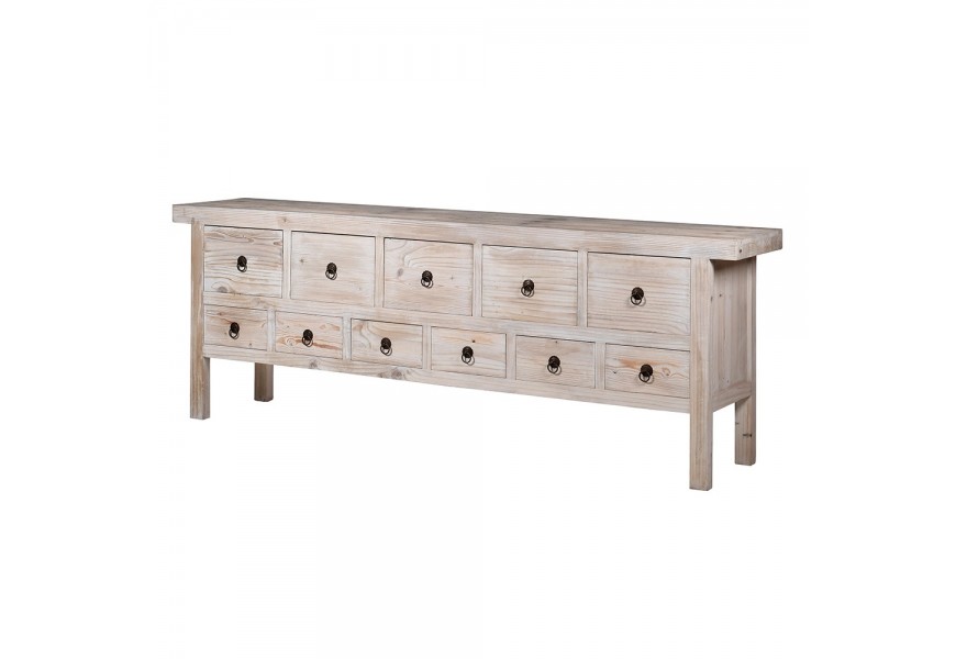 Luxusný vintage príborník Thyon s jedenástimi zásuvkami v dvoch radoch s čiernymi okrúhlymi úchytkami na dlhých hranatých nožičkách s obdĺžnikovou vrchnou doskou z masívneho recyklovaného dreva v svetlej hnedej povrchovej úprave so starožitným efektom vymytého krémového náteru