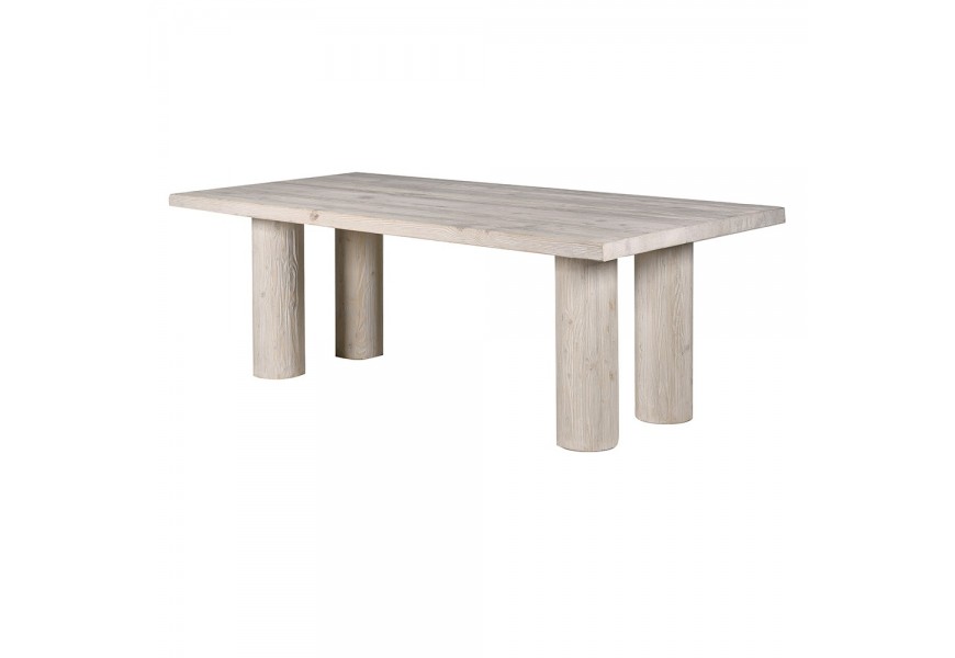 Luxusný moderný masívny jedálenský stôl Jonas z recyklovaného dreva v svetlom krémovohnedom prevedení s priznanou kresbou letokruhov s obdĺžnikovou doskou a štyrmi valcovitými nohami
