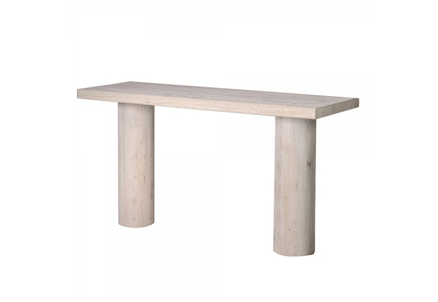 Luxusný moderný masívny konzolový stolík Jonas s obdĺžnikovou vrchnou doskou s dvomi mohutnými valcovitými nohami z recyklovaného dreva s lakovaním v béžovej farbe s priznanou kresbou letokruhov