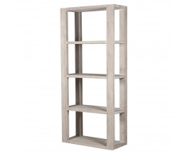 Luxusný moderný masívny krémový regál Jonas bez nožičiek so štyrmi policami a lineárnym rámom z recyklovaného dreva s výraznou kresbou letokruhov