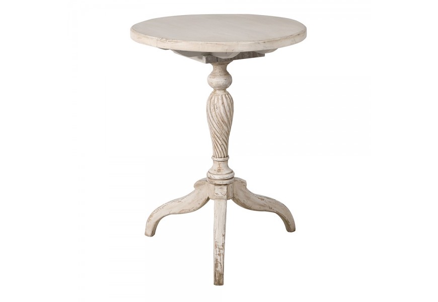 Luxusný klasický barový stôl Dufrain z masívneho dreva s krémovým patinovaným náterom s okrúhlou vrchnou doskou a jednou nohou s trojramennou podstavou s vyrezávaným zdobením