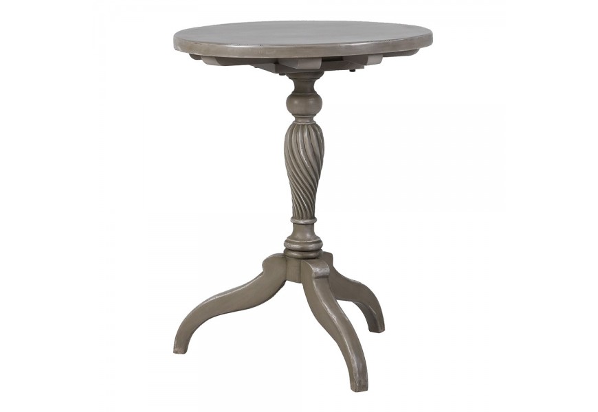 Luxusný vintage sivý príručný stolík Dufrain s okrúhlou vrchnou doskou s vyrezávanou nohou s podstavou s tromi ramenami z masívneho dreva so starožitnou povrchovou úpravou