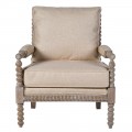 Luxusné vintage kreslo Boia s vyrezávaným hnedým dreveným rámom s guličkami a béžovým ľanovým čalúnením 92 cm