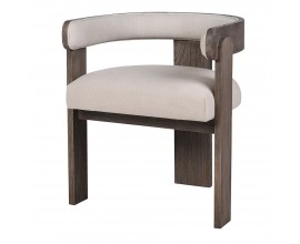 Luxusná dizajnová jedálenská stolička Hiram s rámom z masívneho dreva mindi v tmavej hnedej farbe s tromi nohami a opierkou v tvare U s čalúnením a textilným ľanovým poťahom v naturálnej svetlej béžovej farbe