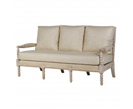 Luxusná klasická trojsedačka Boia so svetlým hnedým rámom z masívneho recyklovaného dreva s vyrezávanými guličkami s čalúnením a poťahom s ľanu a bavlny v naturálnej svetlej béžovej farbe