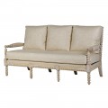 Luxusná klasická trojsedačka Boia so svetlým hnedým rámom z masívneho recyklovaného dreva s vyrezávanými guličkami s čalúnením a poťahom s ľanu a bavlny v naturálnej svetlej béžovej farbe