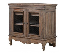 Luxusný vintage masívny príborník Selton z recyklovaného dreva v naturálnej hnedej farbe s klasickým vyrezávaným zdobením s policou a dvomi vnútornými zásuvkami s dvojitými dvierkami s pletivovým kovovým výpletom