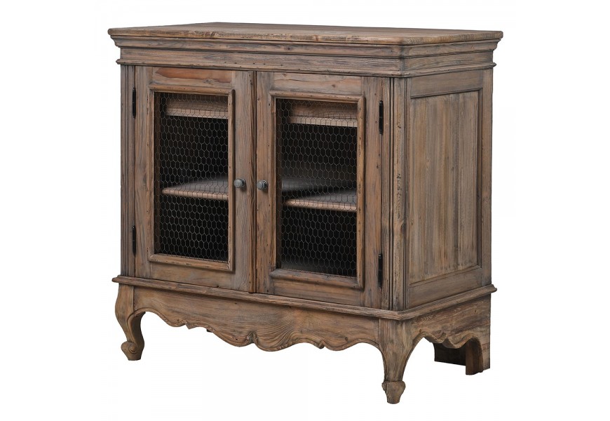 Luxusný vintage masívny príborník Selton z recyklovaného dreva v naturálnej hnedej farbe s klasickým vyrezávaným zdobením s policou a dvomi vnútornými zásuvkami s dvojitými dvierkami s pletivovým kovovým výpletom