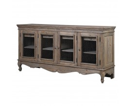 Luxusný vintage klasický masívny príborník Selton v naturálnom hnedom prevedení s patinovaným efektom so štyrmi dvierkami s drôteným výpletom a vyrezávaným zdobením