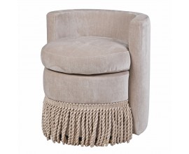 Glamour béžové dizajnové otočné kreslo Trist okrúhleho tvaru s chrbtovou opierkou s okrúhlym vankúšom na sedenie s dekoratívnymi strapcami s kovovou podstavou v zlatej farbe