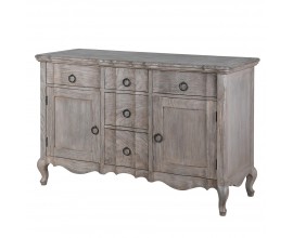 Luxusn&yacute; vintage pr&iacute;born&iacute;k Ch&acirc;teau Gris v sivej farbe s piatimi z&aacute;suvkami a dvomi dvierkami s kovov&yacute;mi okr&uacute;hlymi mosadzn&yacute;mi &uacute;chytkami a kabriolov&yacute;mi nožičkami s vyrez&aacute;van&iacute;m