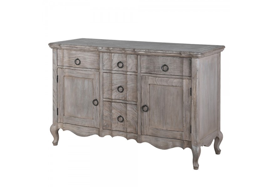 Luxusný vintage príborník Château Gris v sivej farbe s piatimi zásuvkami a dvomi dvierkami s kovovými okrúhlymi mosadznými úchytkami a kabriolovými nožičkami s vyrezávaním