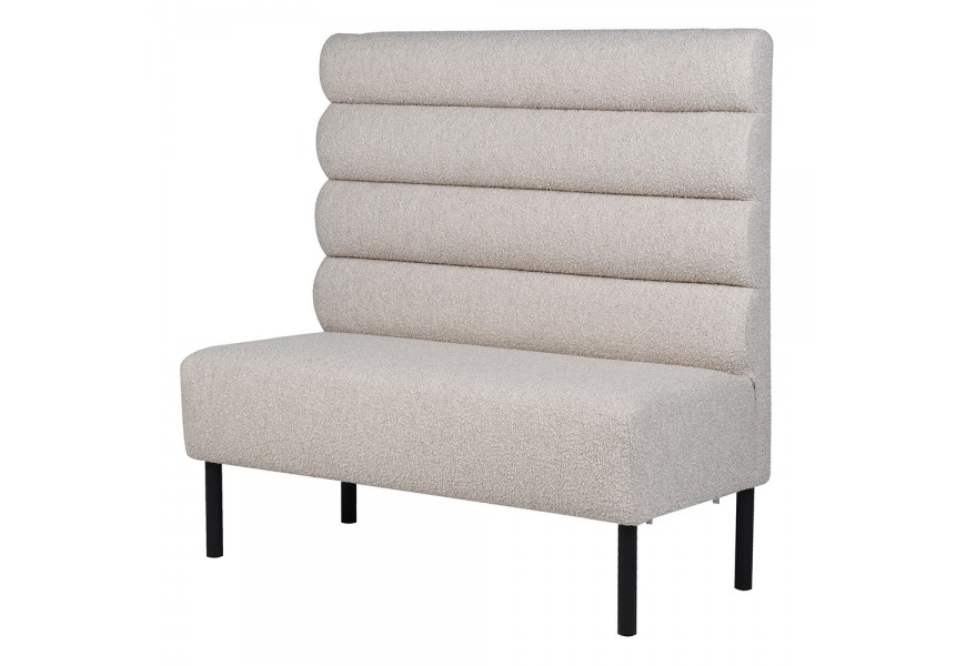 Luxusná béžová dizajnová lavica Belva s predĺženou chrbtovou opierkou s buklé čalúnením s obdĺžnikovou sedacou časťou s drevenými nožičkami z dreva