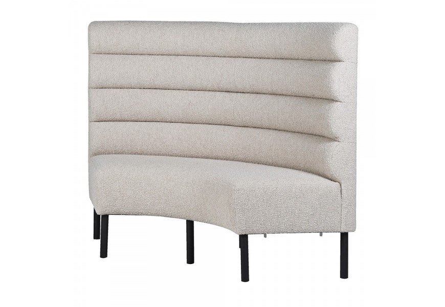 Luxusná moderná rohová béžová lavica Belva s buklé textíliou s predĺženou vysokou chrbtovou opierkou so šiestymi nožičkami z dreva v čiernej farbe