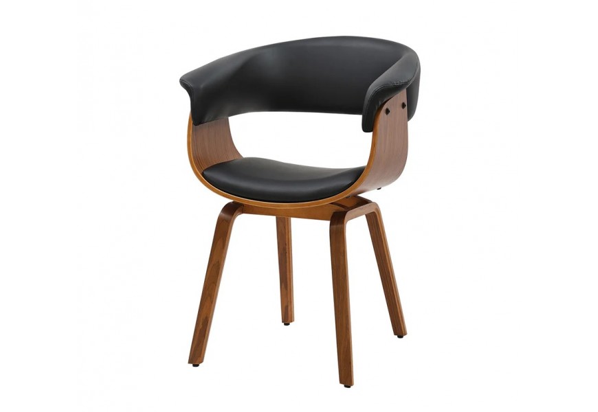 Dizajnové kožené masívne jedálenské kreslo Ecco s dreveným rámom v orechovej hnedej farbe s kresbou letokruhov so sedadlom v tvare U s čalúnením a poťahom z ekokože v čiernej farbe