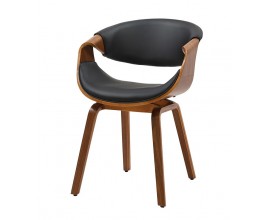 Retro kožená masívna jedálenská stolička Norwich v orechovej hnedej farbe s poťahom z ekokože v čiernej farbe s dizajnovou prehnutou opierkou