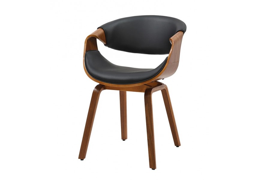 Retro kožená masívna jedálenská stolička Norwich v orechovej hnedej farbe s poťahom z ekokože v čiernej farbe s dizajnovou prehnutou opierkou