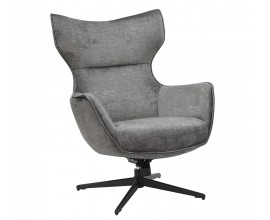 Dizajnové industriálne polohovateľné kreslo Krespa s čalúnením a poťahom zo zamatu v sivej farbe s rozšírenou opierkou na hlavu s otočnou nohou z kovu v matnej čiernej farbe so štyrmi ramenami