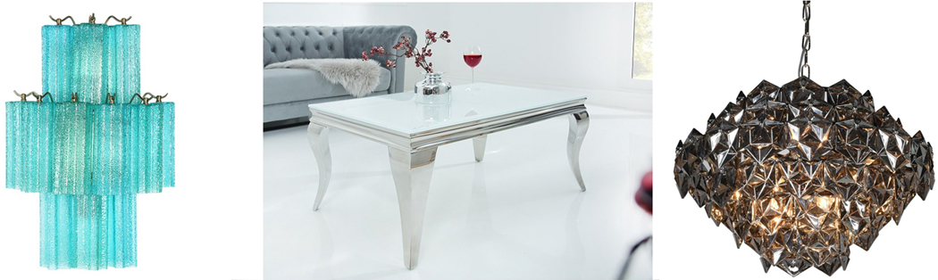 Moderný dizajnový stolík a svietidlá z farebného skla