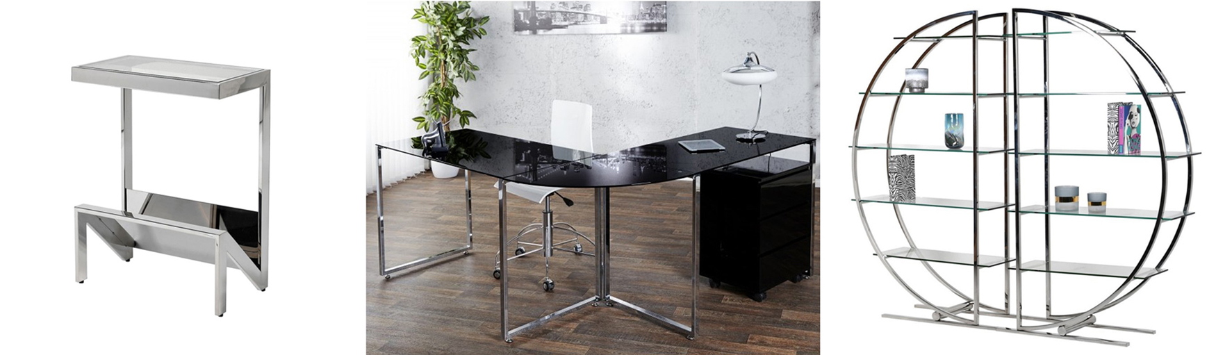 Luxusný nábytok so sklenenými doskami a chrómovou konštrukciou