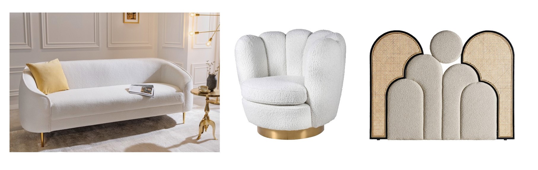 Art deco dizajnová sedačka Sintra s boucle poťahom bielej farby, Art deco buklé kreslo Seashell bielej farby so zlatou kovovou podstavou, Glamour dizajnové čelo postele Aurelia s boucle čalúnením a ratanovým výpletom 