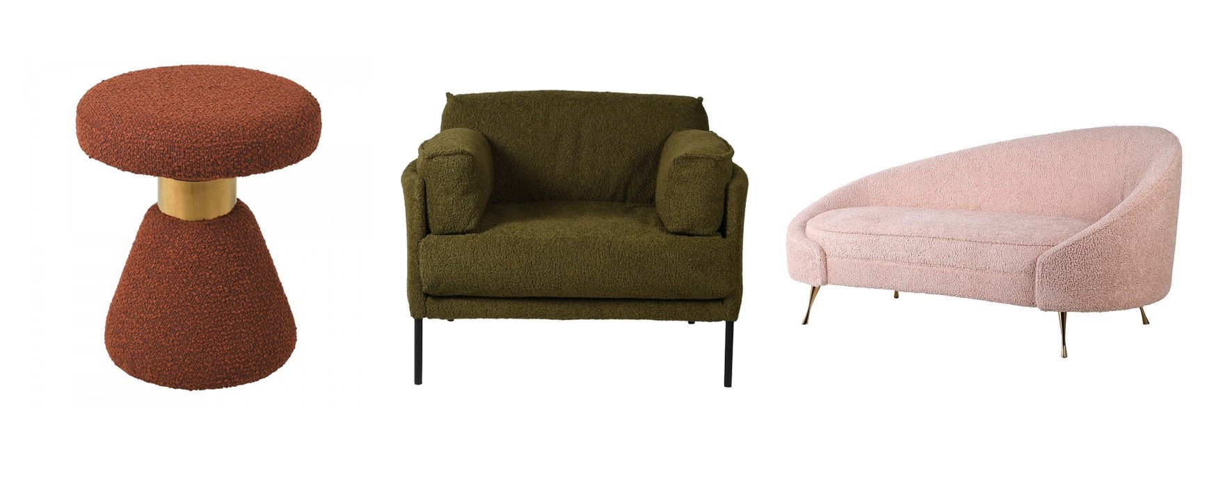 Dizajnová buklé taburetka Mey s oranžovohnedým čalúnením, Art deco štýlové kreslo Pristina do obývačky s buklé poťahom olivovozelenej farby, Luxusná buklé sedačka Blush v ružovom čalúnení