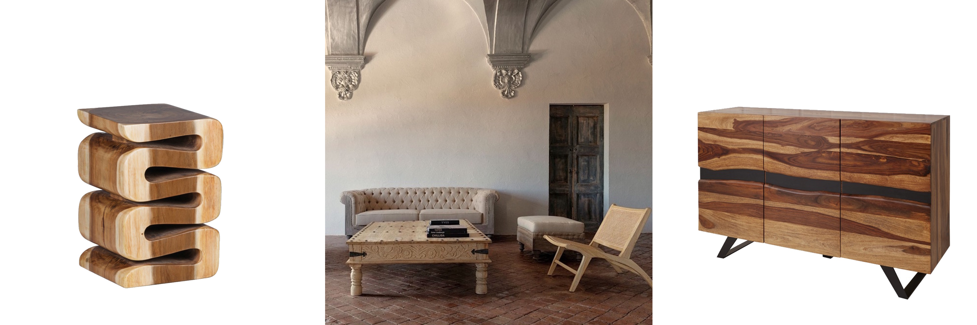 Dizajnový nábytok príručný stolík Rosario z dreva suar so zvlneným dizajnom a kontrastnou bielo-hnedou kresbou a vintage zostava obývcieho nábytku Gretchen s patinovaným efektom vo svetlých tónoch a moderný príborník Amazonas z palisandru s výraznou štruktúrou v hnedých odtieňoch