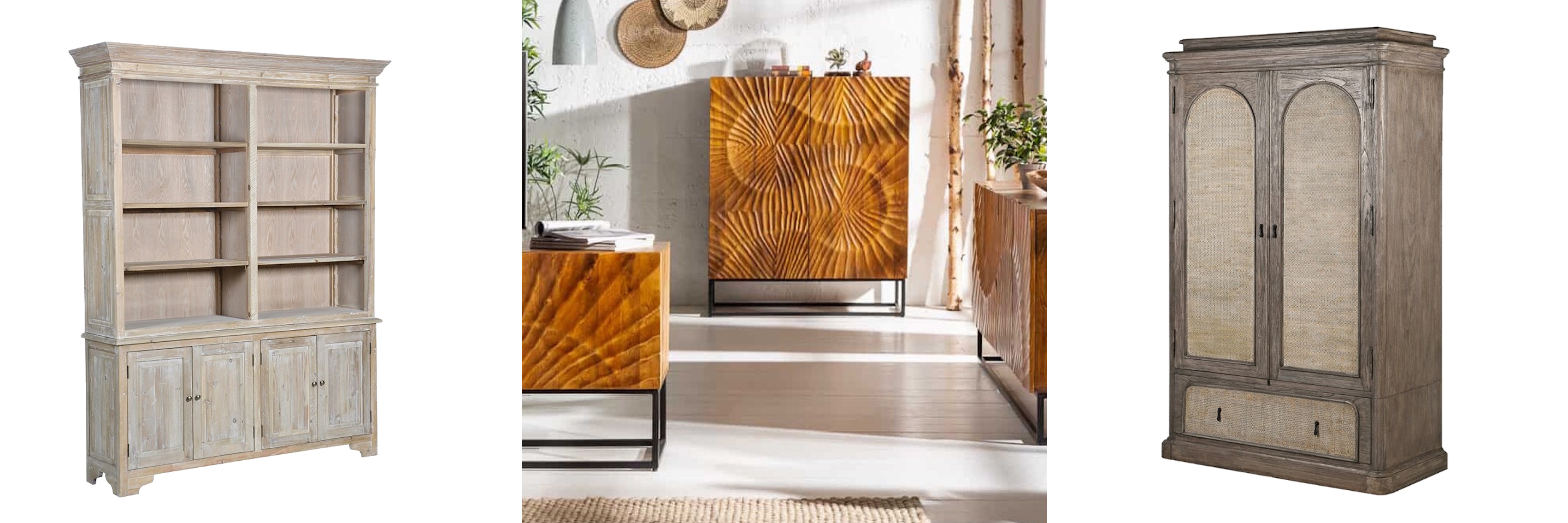 Luxusný drevený nábytok vintage knižnica Maude so skrinkou a zásuvkami a moderná zostava obývacieho nábytku Cumbria s reliéfnymzdobením a vintage dvojdverová šatníková skriňa Rickon so svetlým ratanovým výpletom a tmavý hnedým drevom