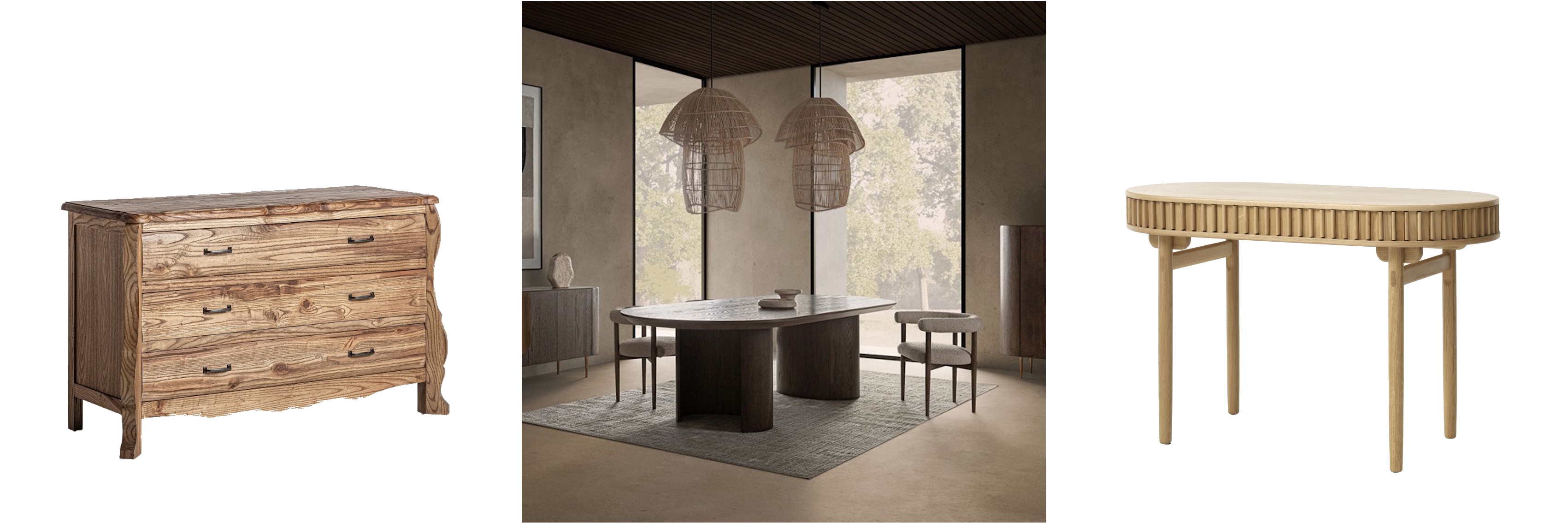 Luxusný drevený nábytok rustikálna komoda Valletta s tromi zásuvkami s výraznou štruktúrou a art deco jedálenská zostava Nisi v tmavej hnedej farbe a oválny písací stôl Roskilde v retro štýle z dubového dreva