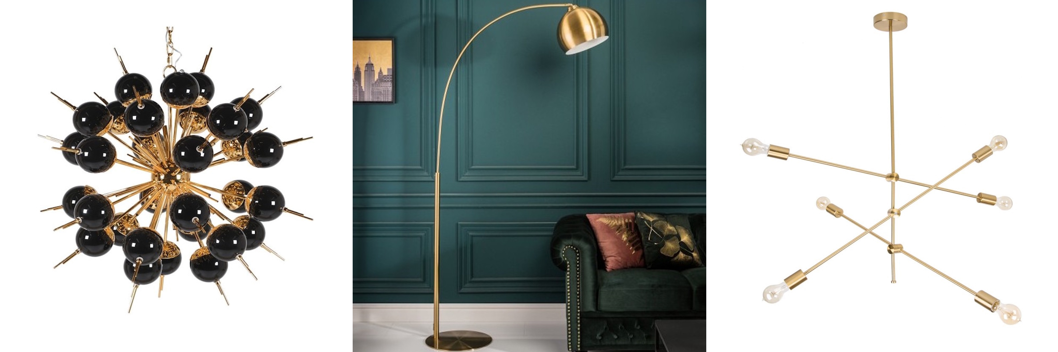 Luxusné svietidlá v mid century modern štýle luster Starlight s čiernymi sklenenými tienidlami a zlatou konštrukciou a zlatá stojaca lampa Georgia s kovovým tienidlom a oblúkovým ramenom a závesná lampa Elke v štýle Sputnik so šiestimi ramenami