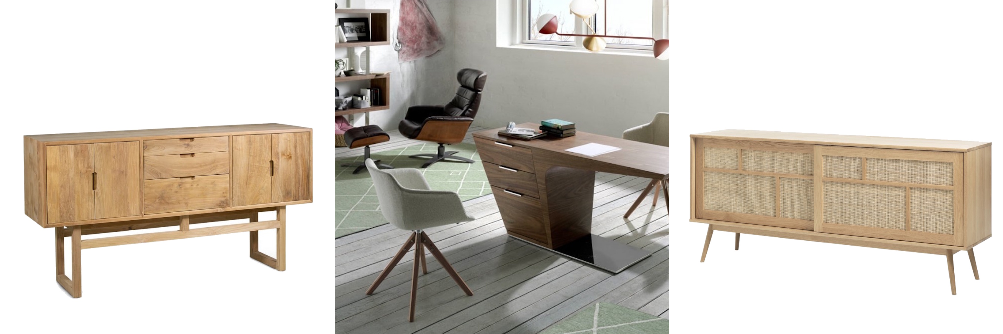 Luxusný nábytok v mid century modern štýle masívny príborník Lilia na vysokých nožičkách vo svetlej hnedej farbe a minimalistická kancelárska zostava Vita Naturale s atypickým stolom a príborník Aarhus s posuvnými dvierkami a ozdobným výpletom