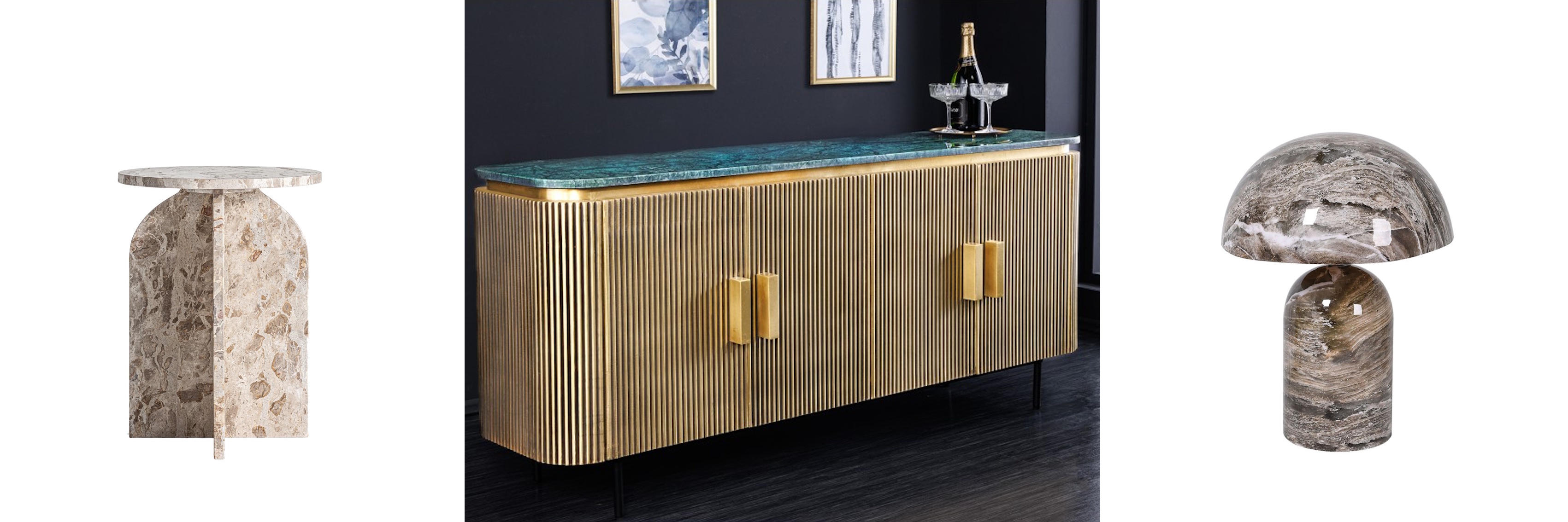 Luxusný mramorový nábytok béžový moderný terrazzo stolík Teran a art deco zlatý príborník Marmola Verde so zlatým drážkovaným dizajnom a zelenou doskou a mramorová lesklá lampa Namibia v zemitých hnedých odtieňoch