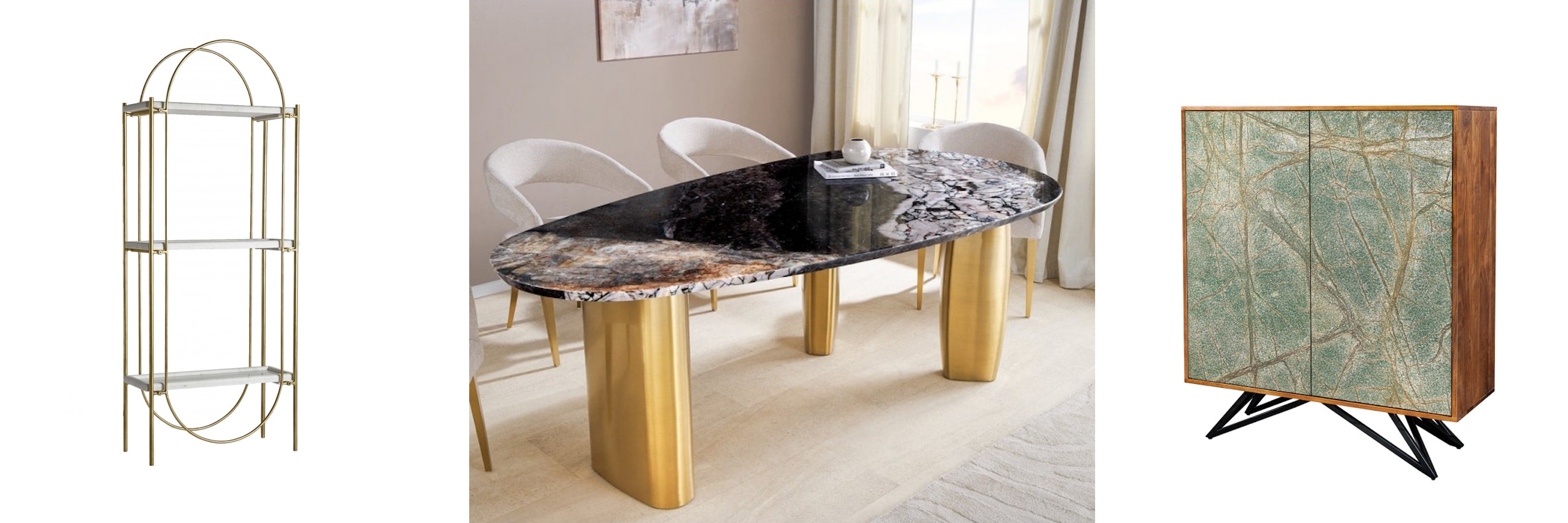 Dizajnový mramorový nábytok art deco biely regál Jana s oválnym zlatým rámom a asymetrický jedálenský stôl Galaxion s čiernou vrchnou doskou a moderný barová skrinka Elentia so zelenými mramorovými dvierkami