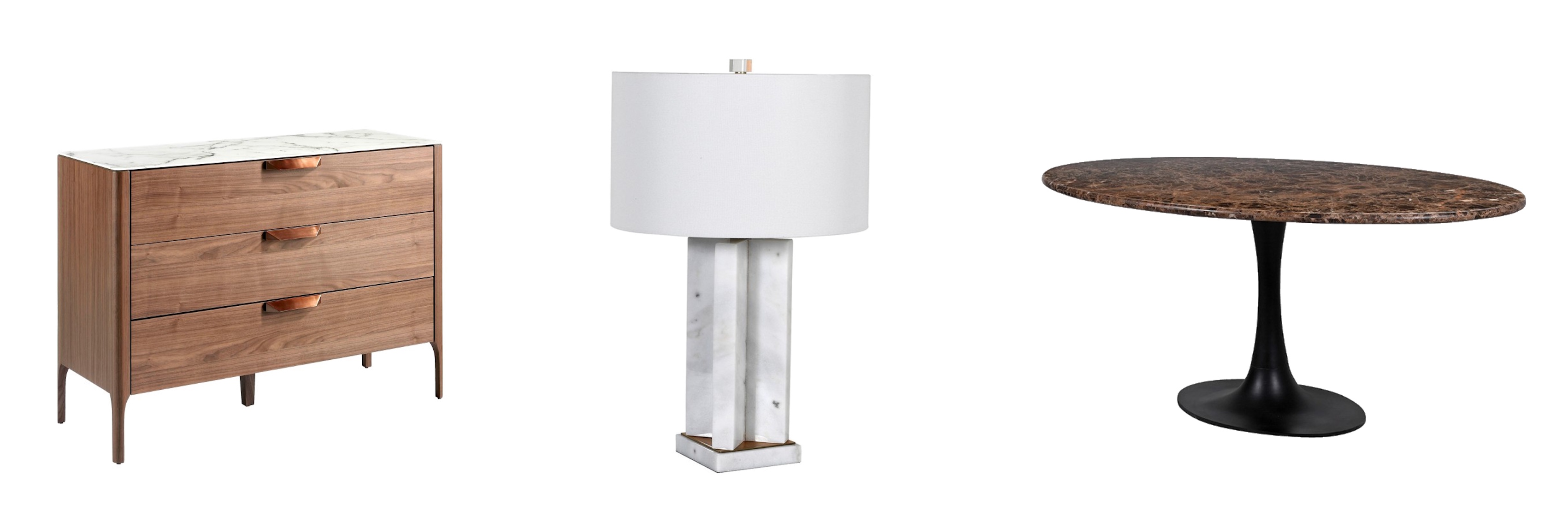 Luxusná komoda s tromi zásuvkami Vita Naturale s bielou mramorovou doskou a orechovou dyhou a biela stolná lampa Carrara s mramorovou nohou a oválny jedálenský stôl Piedra s hnedým dizajnom mramoru Emperador