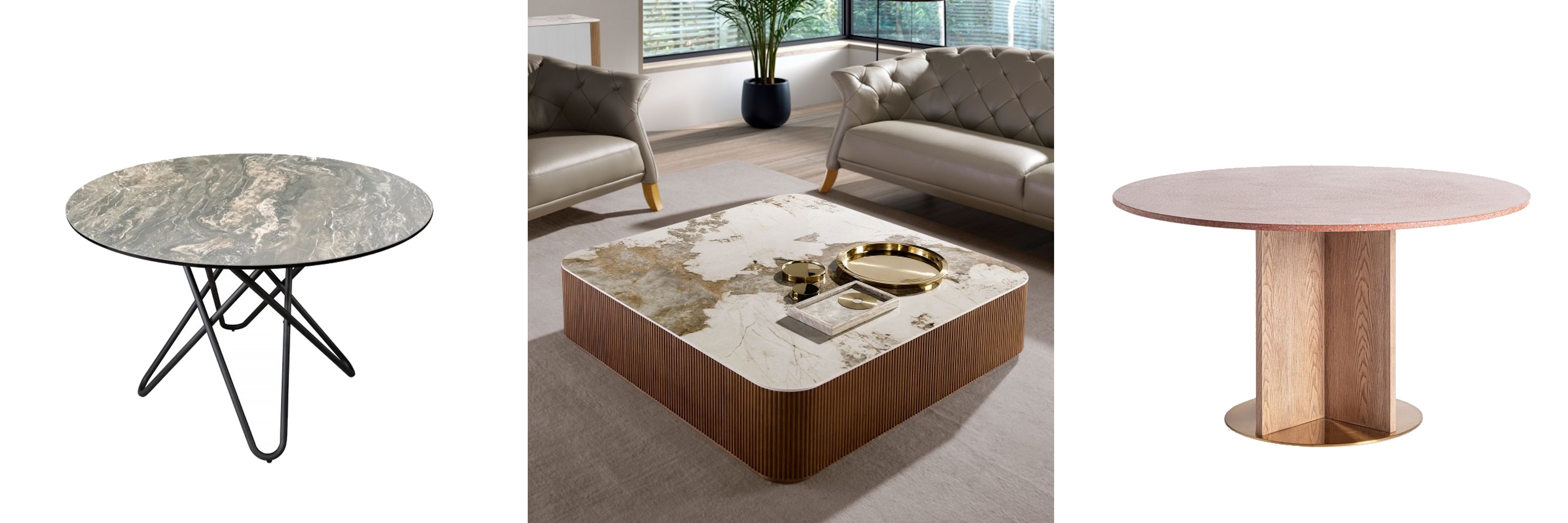 Luxusné mramorové stoly jedálenský stôl Sabine s okrúhlou čiernou mramorovou doskou a štvorcový konferenčný stolík Vita Naturale s drážkovanou podstavou a okrúhly jedálenský stôl Caya s terrazzo doskou v hnedých odtieňoch