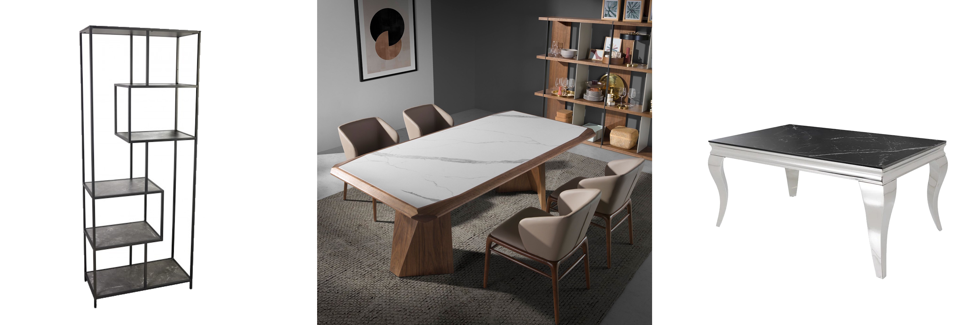Dizajnový mramorový nábytok čierny industriálny regál Industria Marble s asymetrickými policami a moderný obdĺžnikový jedálenský sôt Forma Moderna s drevenou podstavou a konferenčný stolík Modern Barock s čiernou doskou a chrómovou podstvou