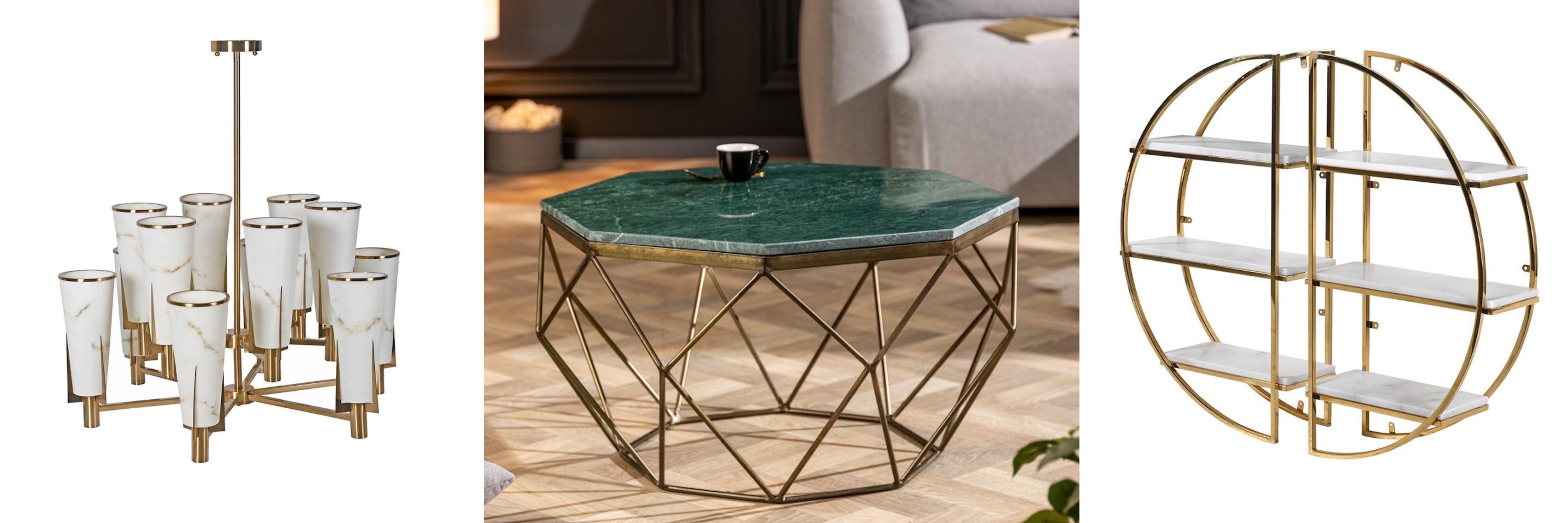 Luxusný mramorový nábytok v art deco štýle alabastrový luster Lilliana s kamennými tienidlami a koferenčný stolík Adamantino s geometrickou podstavou a okrúhla nástenná polica Circa s bielymi doskami