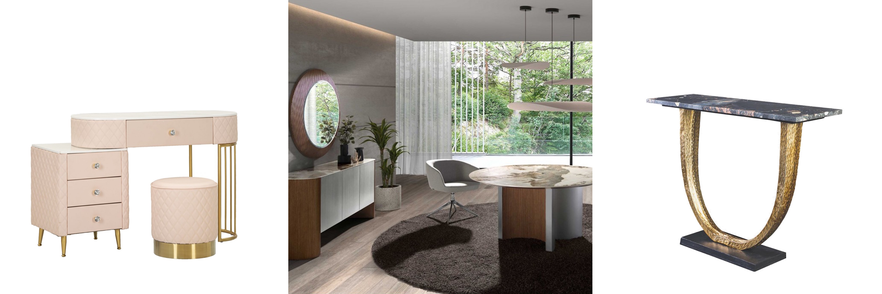 Moderný nábytok s mramorovými prvkami ružový toaletný stolík s taburetkou a luxusná jedálenská zostava Esté a konzolový stolíl Lorentia s dizajnovou podstavou a tmavou doskou