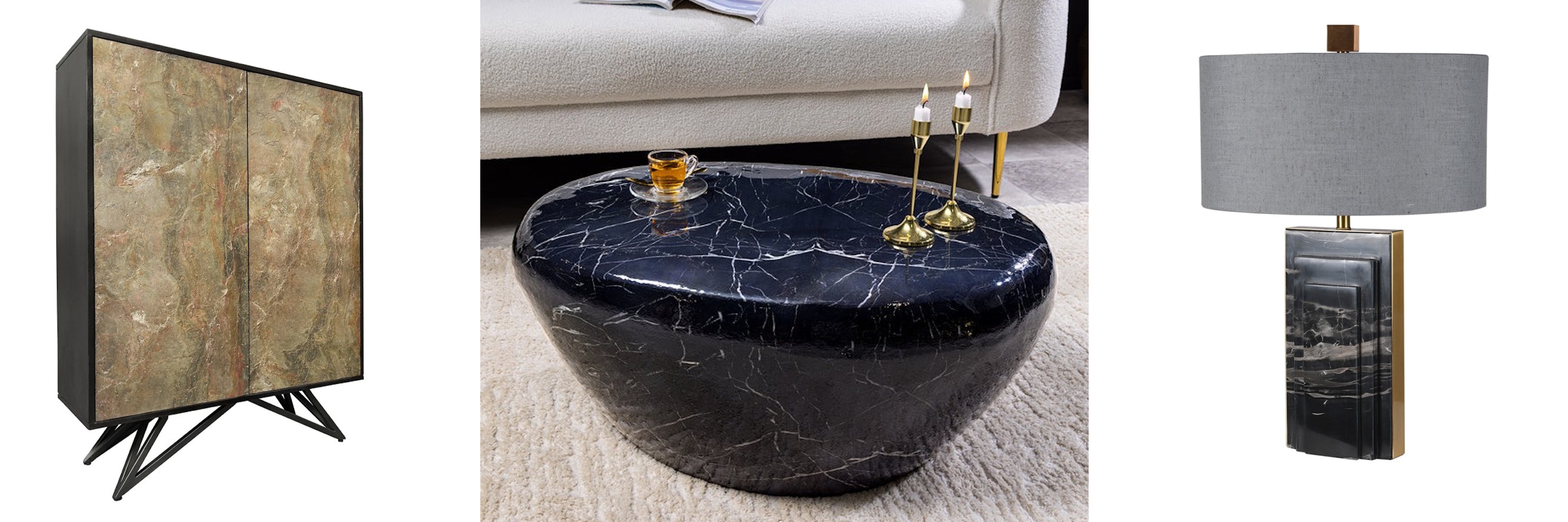 Dizajnový mramorový nábytok barová skrinka Elentia s hnedými dvierkami s kamennou aplikáciou a oválny konferenčný stolík stone s celým mramorovým dizajnom a stolná lampa Francis v čiernej farbe so zlatým akcentom