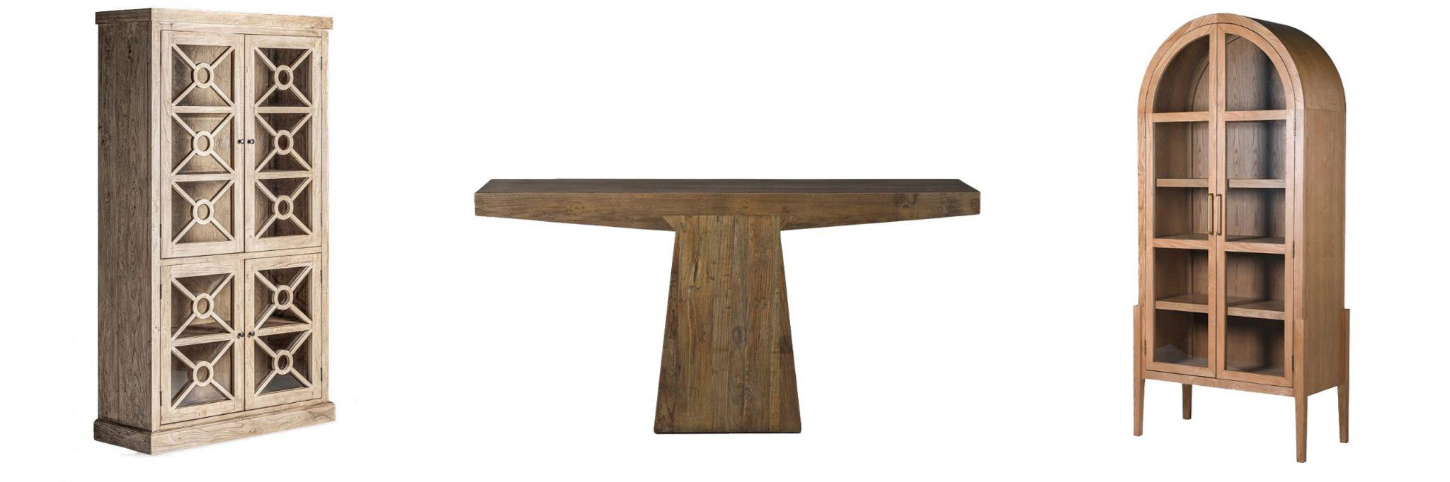 Luxusný brestový nábytok masívna vitrína Herand s dizajnovými sklenými tabuľami na dvierkach a moderný konzolový stolík Regent v tvare nákovy a retro dvojdverová presklená knižnica Lamar s klenutým oblúkom vo vrchnej časti