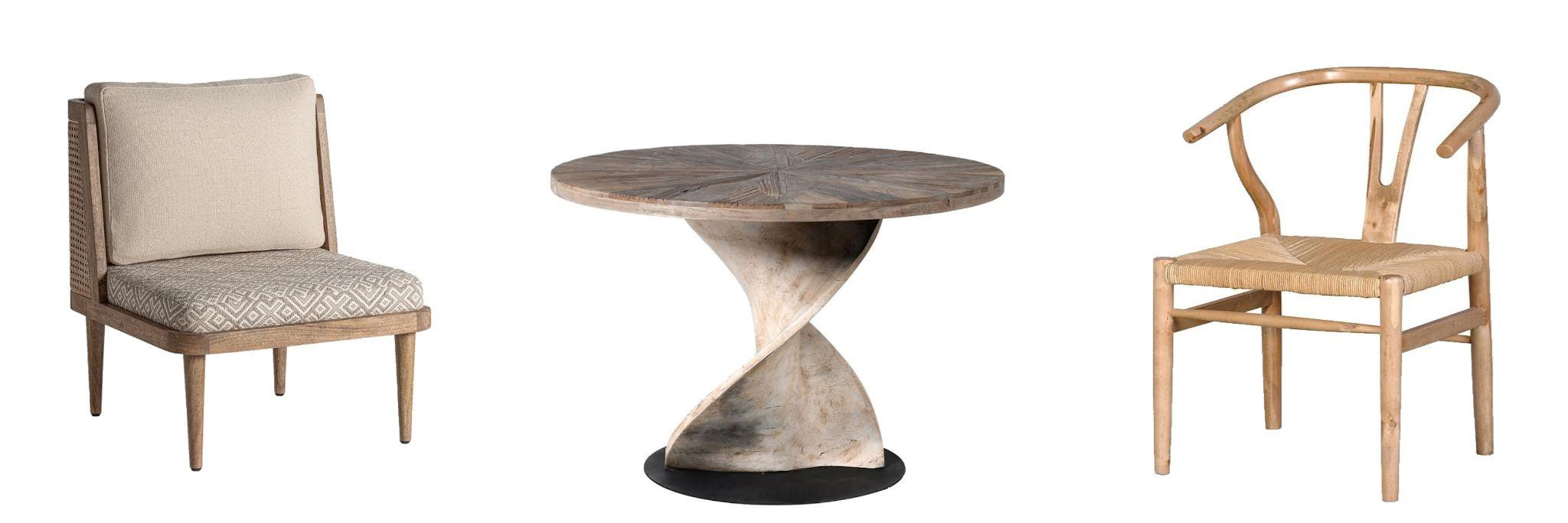 Dizajnový nábytok z brezového dreva etno kreslo Lunia so vzorovaným poťahom a dizajnový okrúhly jedálenský stôl so skrútenou podstavou a masívna jedálenská stolička Gaffelboen s wishbone dizajnom