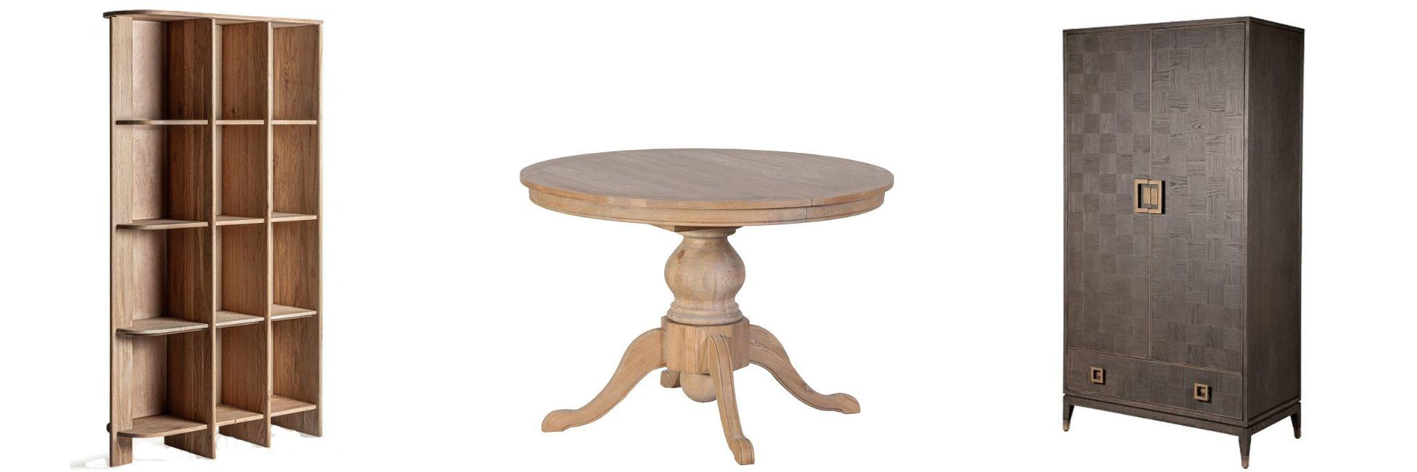 Štýlový nábytok z dubového dreva škandinávsky regál Naria so zaobleným rohom a okrúhly vyrezávaný jedálenský stôl Chene Vieux a art deco šatníková tmavá hnedá skriňa Quadria
