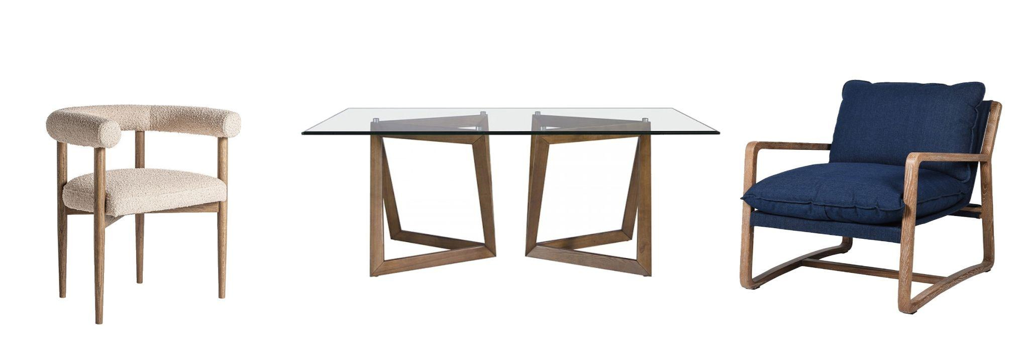 Nábytok z jaseňového dreva dizajnové jedálenské kreslo Elara s bielym buklé poťahom a sklenený jedálenský stôl Vita Naturale s modernou dizajnovou podstavou a tmavomodré čalúnené kreslo Judith s retro nožičkami