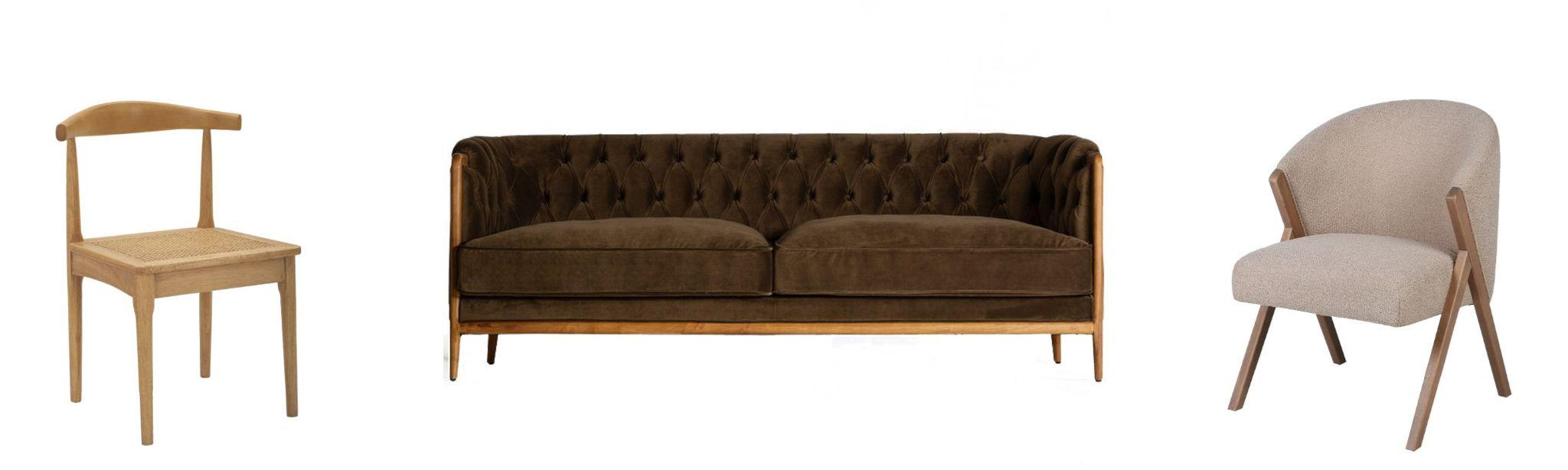 Luxusný nábytok s kaučukovou konštrukciou vidiecka stolička Noelle v naturálnej hnedej farbe a luxusná chesterfield sedačka Vienna so zamatovým poťahom a dizajnová moderná stolička Jerry s béžovým buklé poťahom